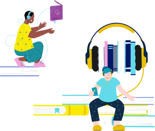 Dois personagens coloridos com fones ouvem áudio sentados em pilhas de livros, representando o conceito de audiolivros.
