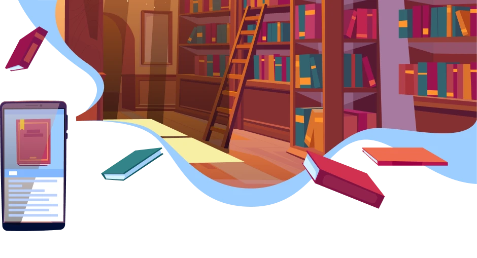 A imagem mostra um ambiente de biblioteca com várias prateleiras de livros de madeira, preenchidas com livros coloridos. Há uma escada de madeira encostada em uma das estantes. No lado esquerdo, em primeiro plano, um smartphone exibe a capa de um livro. Em volta do smartphone e em outras partes da cena, alguns livros flutuam. O fundo é predominantemente escuro, mas uma luz fraca vinda de uma janela ou lâmpada ilumina parte do chão de madeira, dando um ar aconchegante ao local.