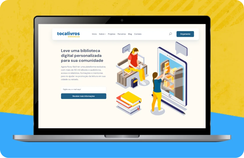 imagem do site de tocalivros bibliotecas sendo mostrada em um notebook, com o plano de fundo amarelo e azul