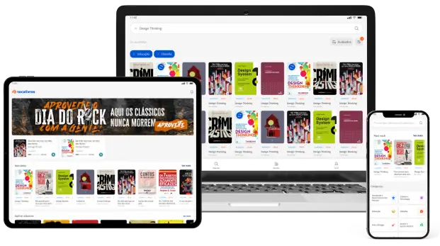 imagem do aplicativo tocalivros biblioteca em mockups de tablet, notebook e celular