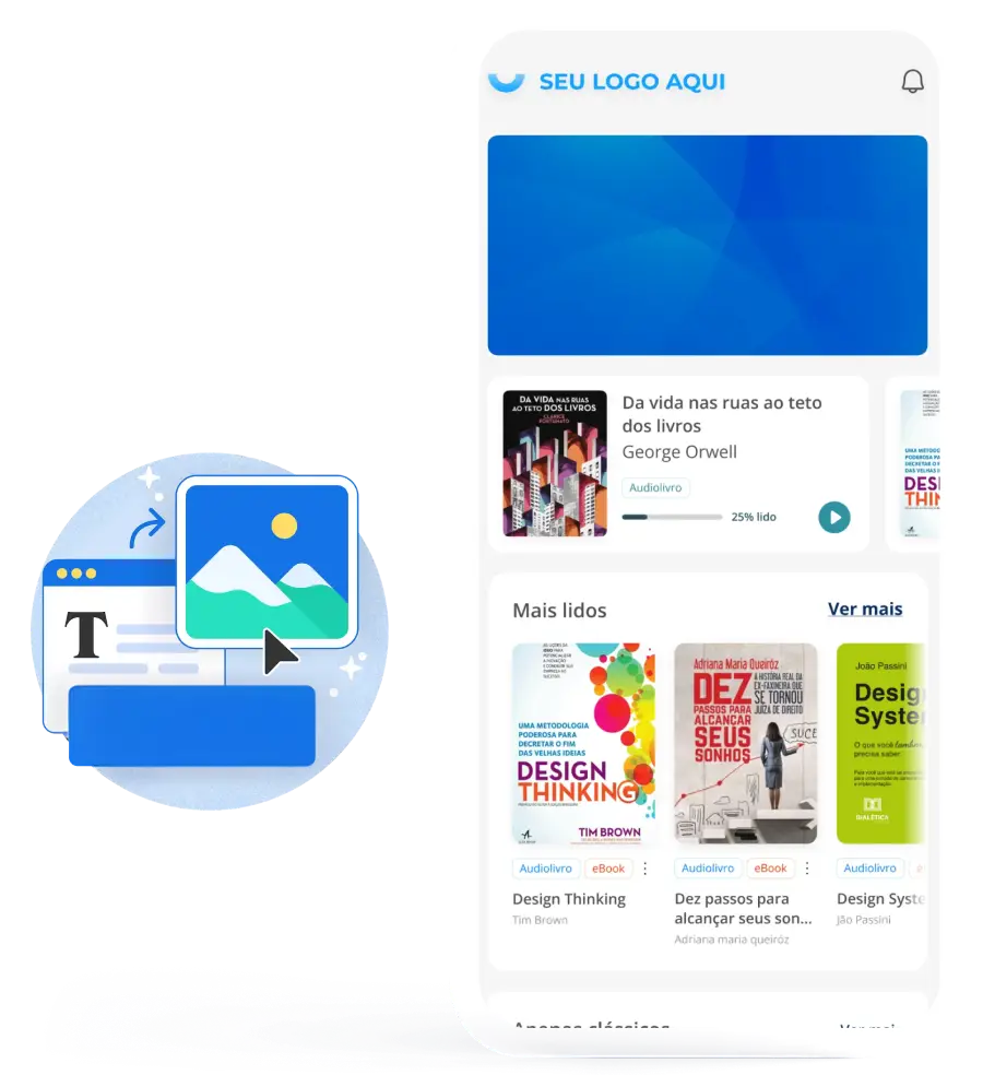 mockup do aplicativo de bibliotecas customizavel de acordo com sua marca